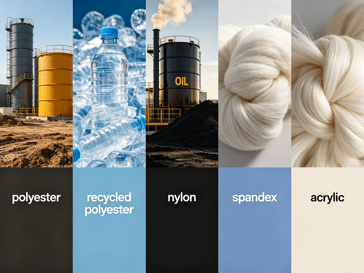 Synthetic fibers raw materials: polyester, recycled polyester, nylon, spandex, acrylic