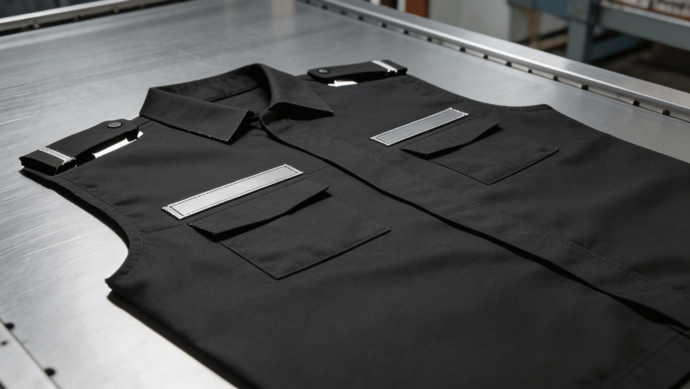 Precision-cut security uniform pieces with reflective tape slots Precision-cut security uniform pieces with reflective tape slots